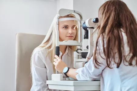 woman getting eye exam for contact lenses