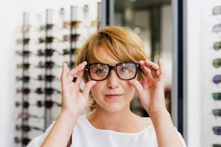 Woman adjusting square black glasses frames with thick reflective plastic lenses 
